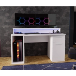 Białe biurko 140x65 cm z oświetleniem RGB i nadstawką na monitor